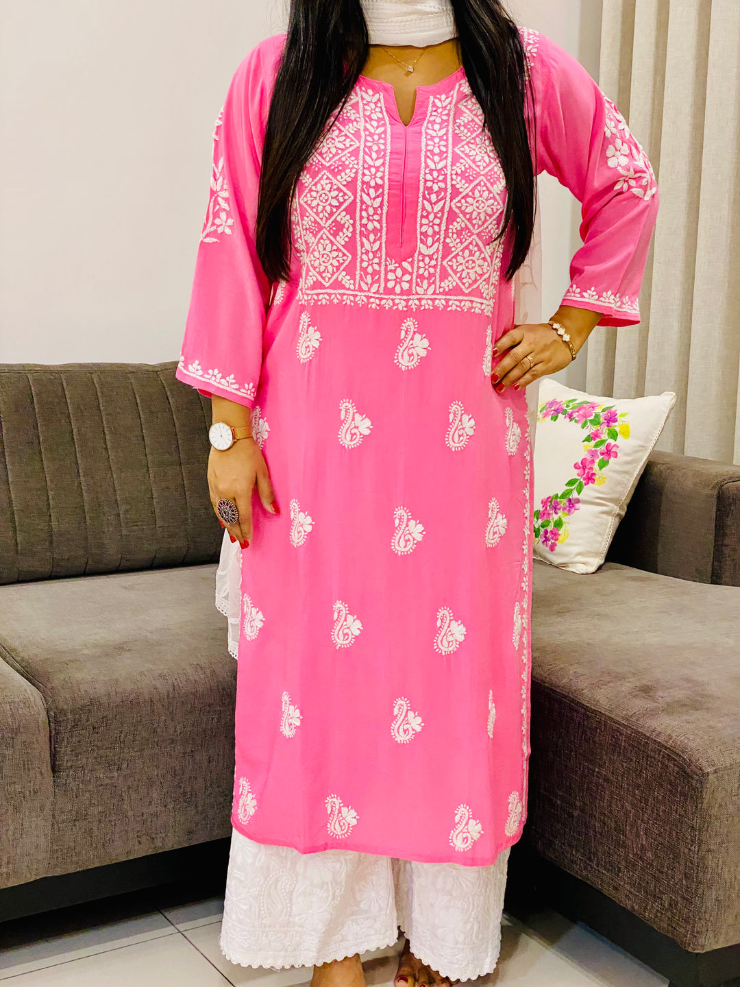 Pink Nora Premium Modal Chikankari Solid Women's Kurta