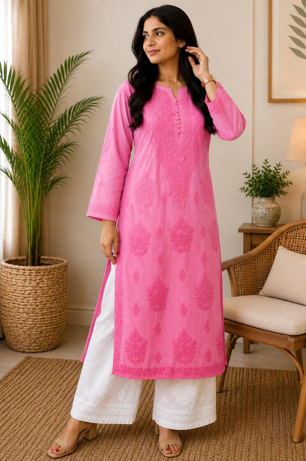 Butta Jaal Chanderi Silk Chikankari Women's Solid Long Kurta - Baby Pink