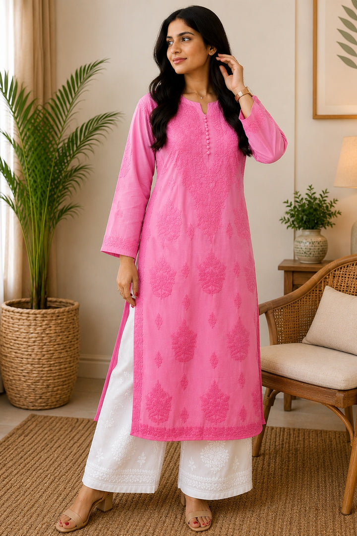 Butta Jaal Chanderi Silk Chikankari Women's Solid Long Kurta - Baby Pink