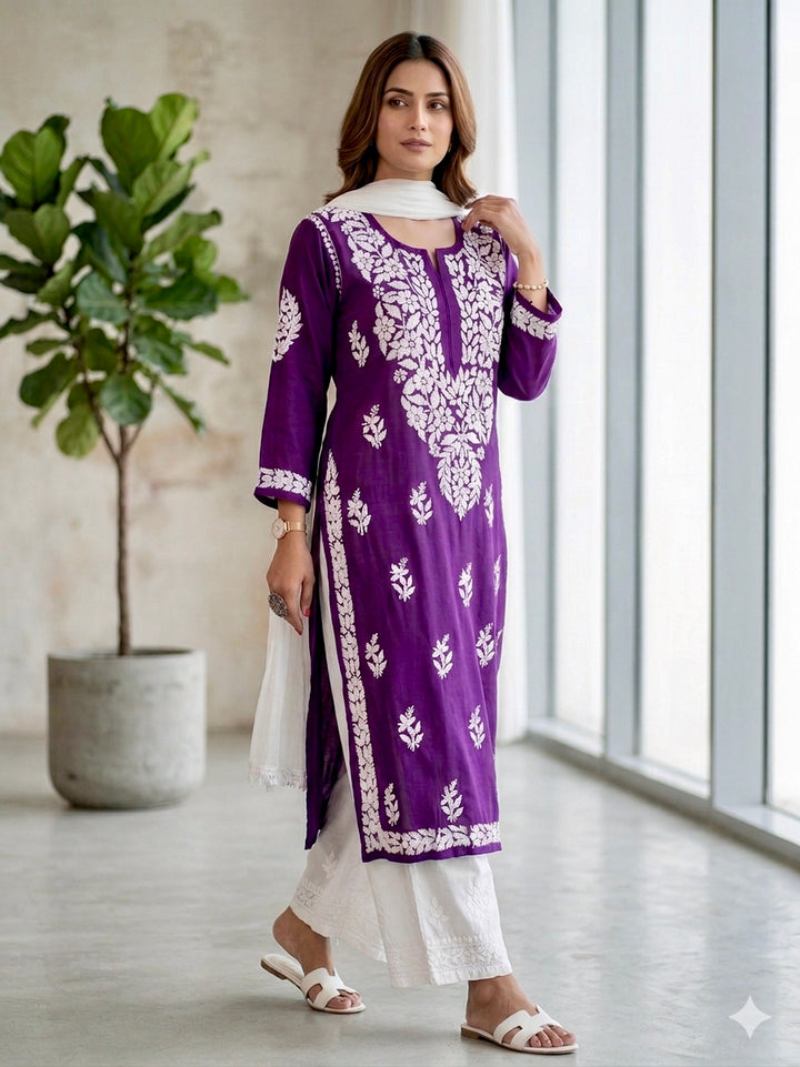 Falak 3D Chikankari Hand Embroidery Design Rayon Womens Kurta - Purple