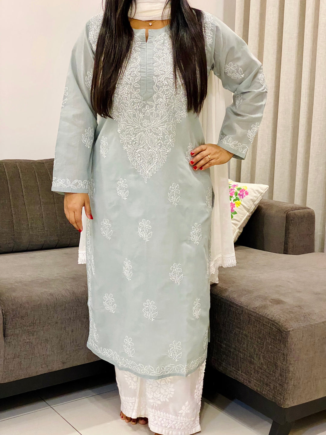 Grey Bani Voil Cotton Chikankari Hand Embroidered Women's Solid Long Kurta
