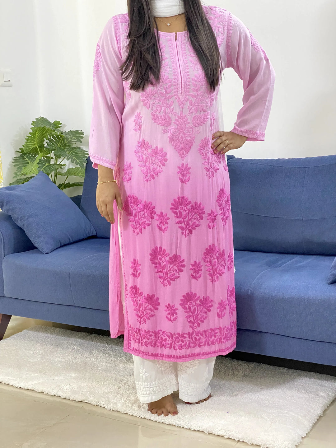Pink Mirabilis Premium Modal Chikankari Ombre Women's Long Kurti