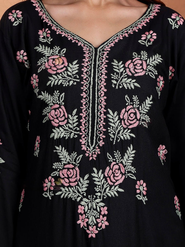 Black Irya Rayon Chikankari Hand Embroidered Women's Long Kurta