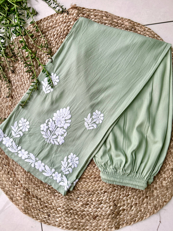 English Green Sangriya Rayon Chikankari Handwork women kurta palazzo set