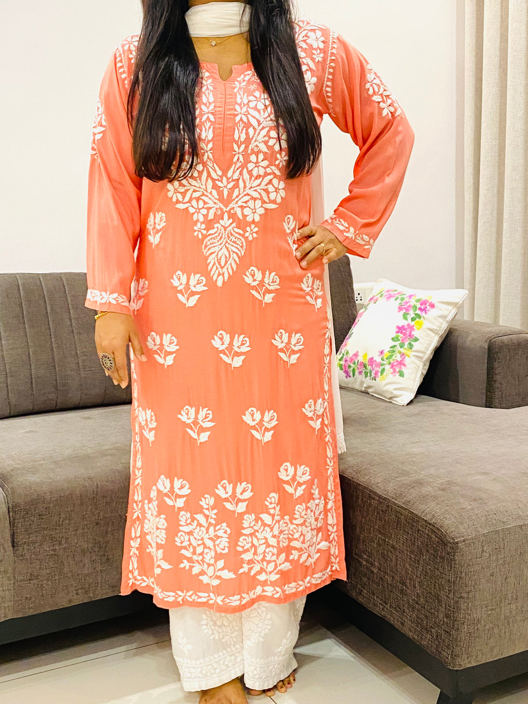 Peach Fanah Premium Modal Chikankari Solid Women's Long Kurta