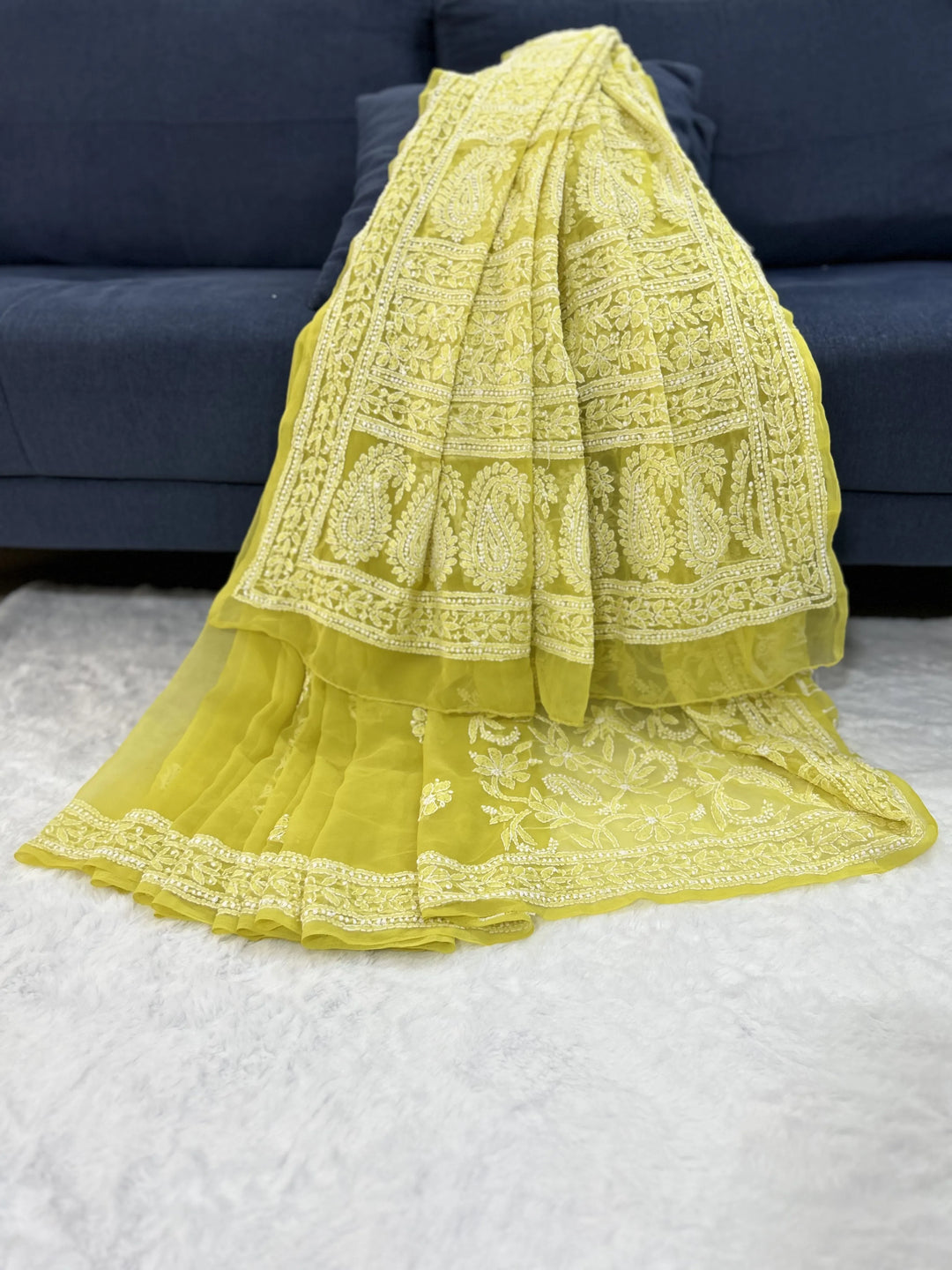 Olive Nirali Half Jaal Chikankari Hand Embroidered Women's Saree