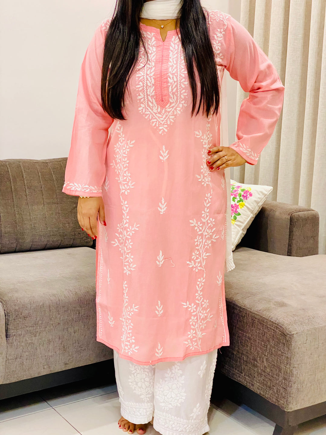 Lotus Pink Ahana Cotton Chikankari Women's Solid Long Kurta