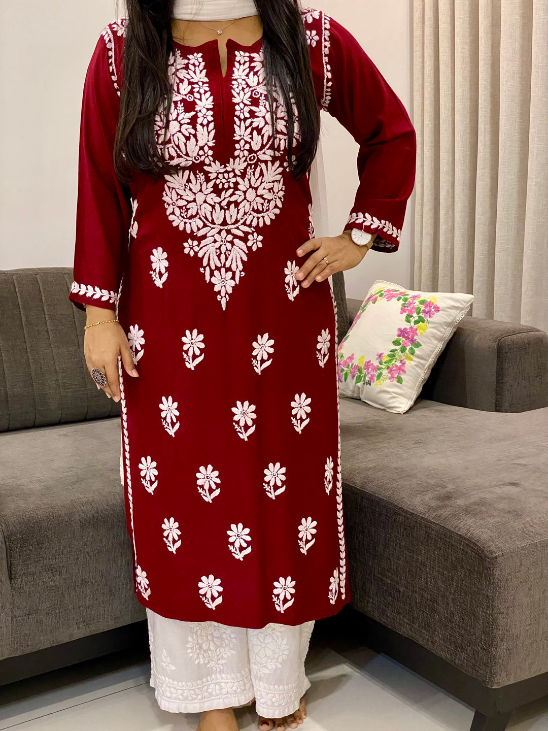 Maroon Evana Rayon Chikankari Handwork Women's Solid Long Straight Kurta