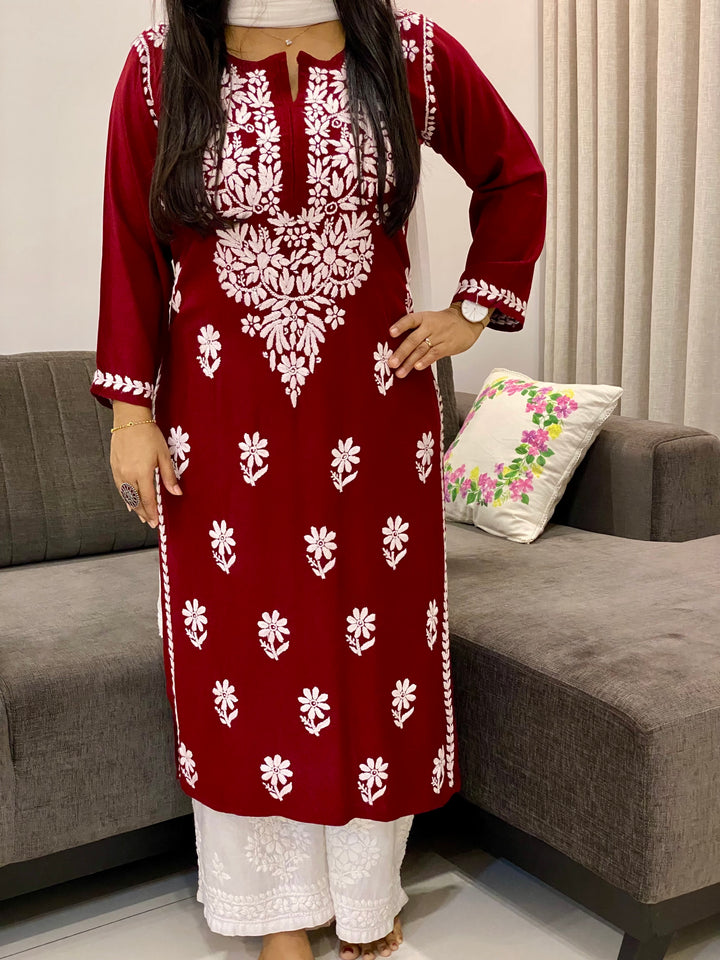 Maroon Evana Rayon Chikankari Handwork Women's Solid Long Straight Kurta
