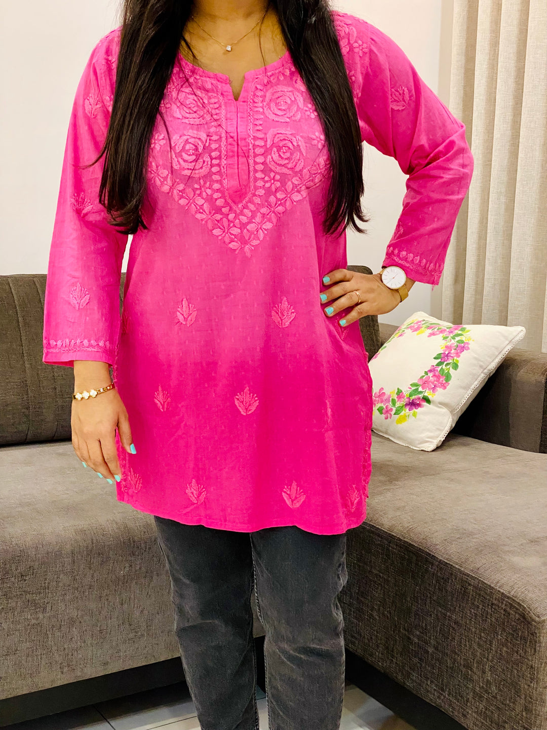 Pink Rose Dobby Mulmul Chikankari Hand Embroidered Women's Short Kurta