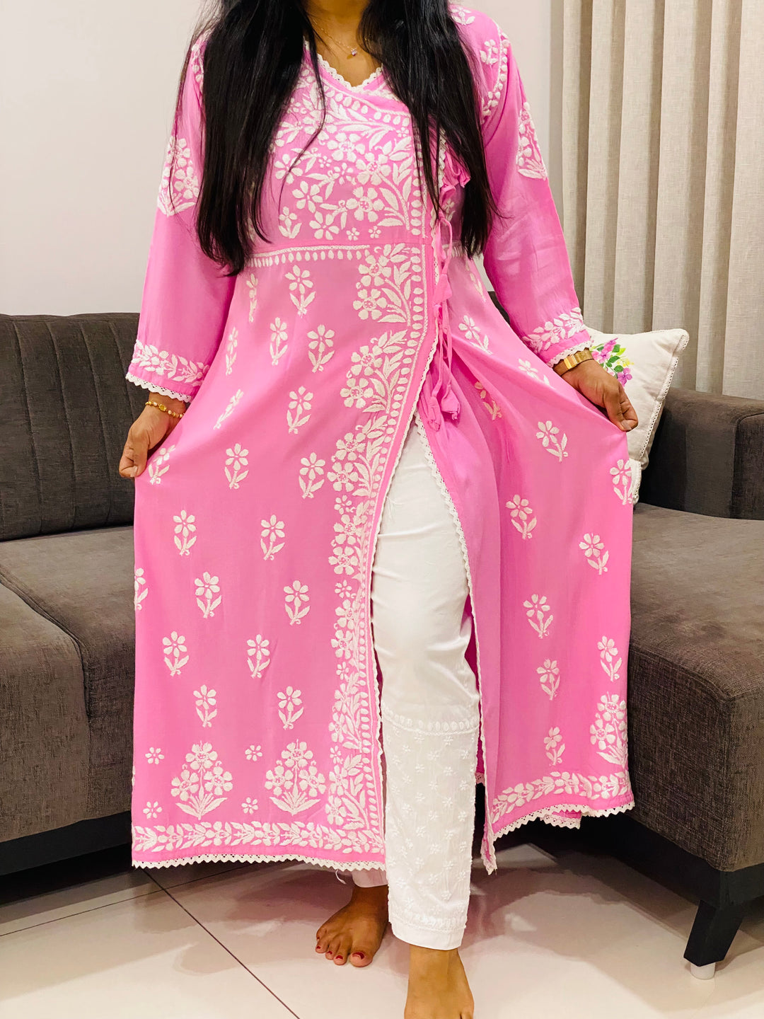 Pink Tripti Rayon Chikankari Handwork Solid Women's Angrakha Kurta