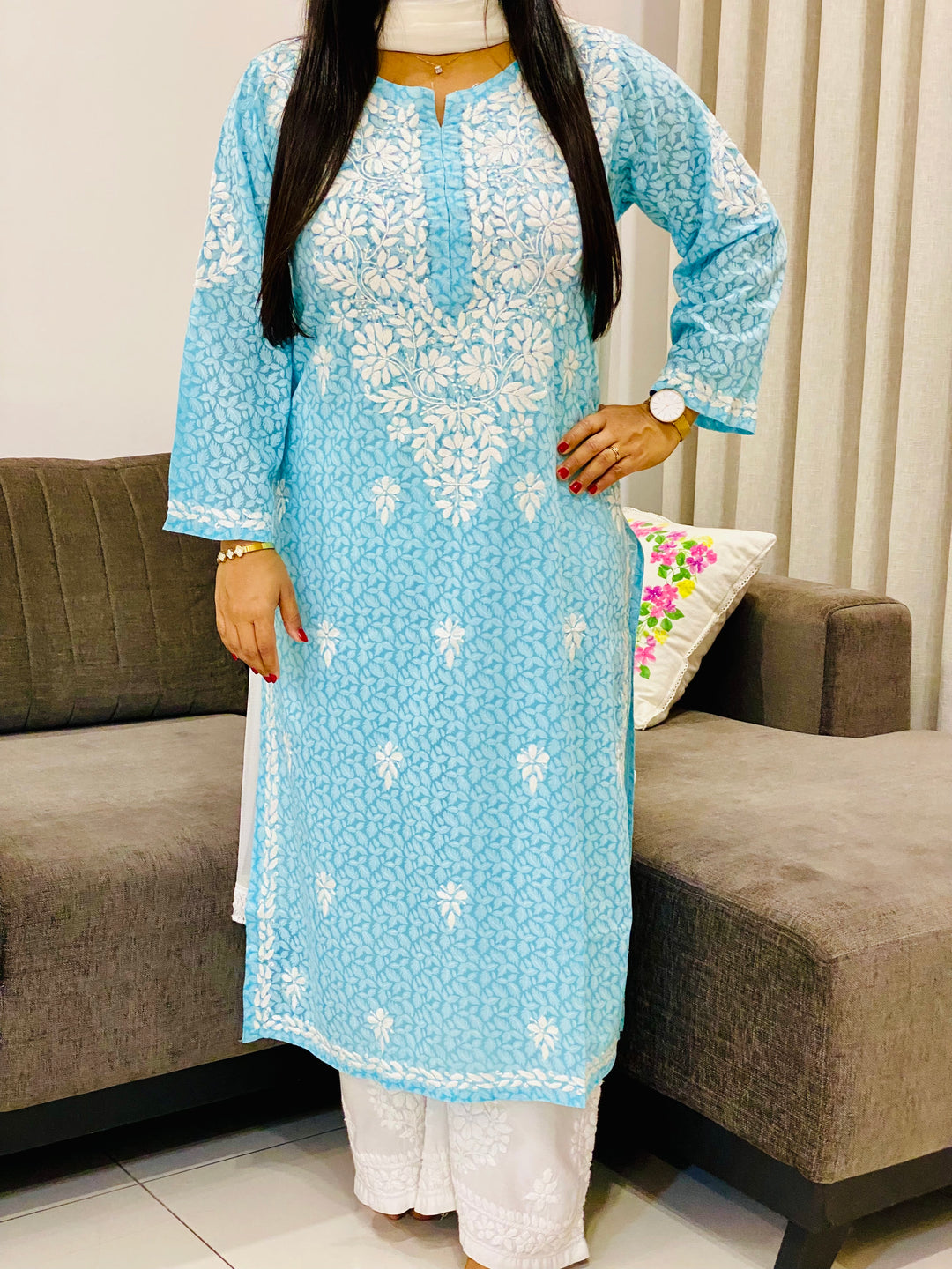 Sky Aadita Mulmul Cotton Chikankari Handwork Women's Floral Long Kurta
