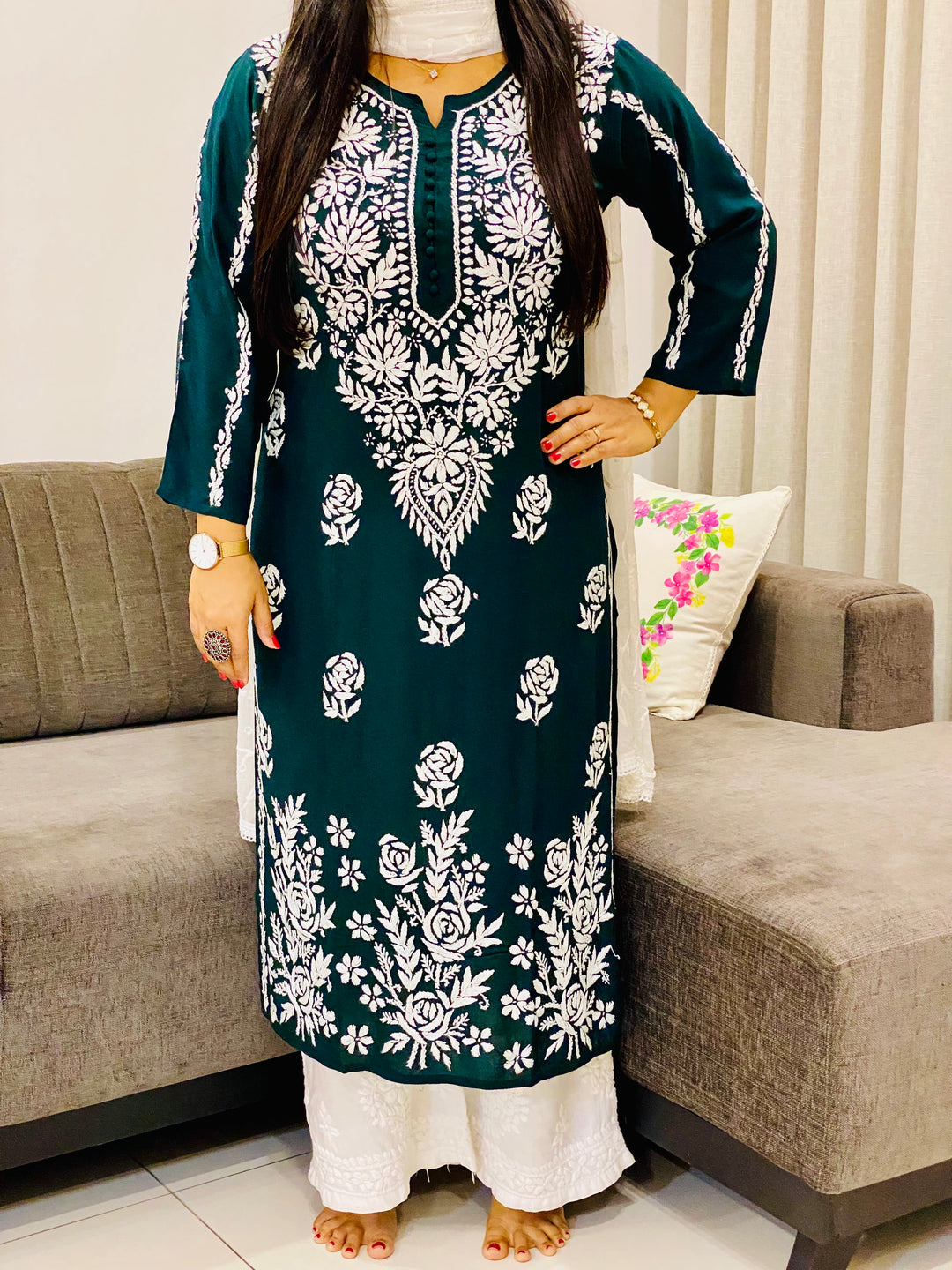 Bottle Green Naaz Premium Modal Chikankari Women's Solid Long Kurta