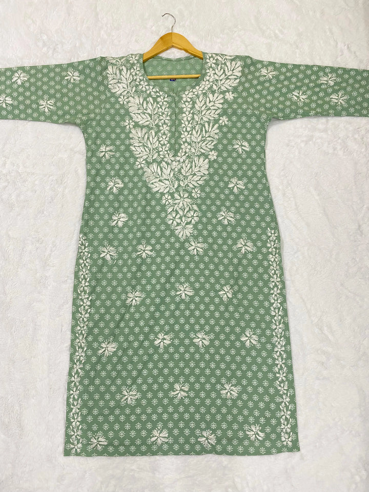 Saunf Green Inayat Cotton Chikankari Hand Embroidered Women's Long Kurta