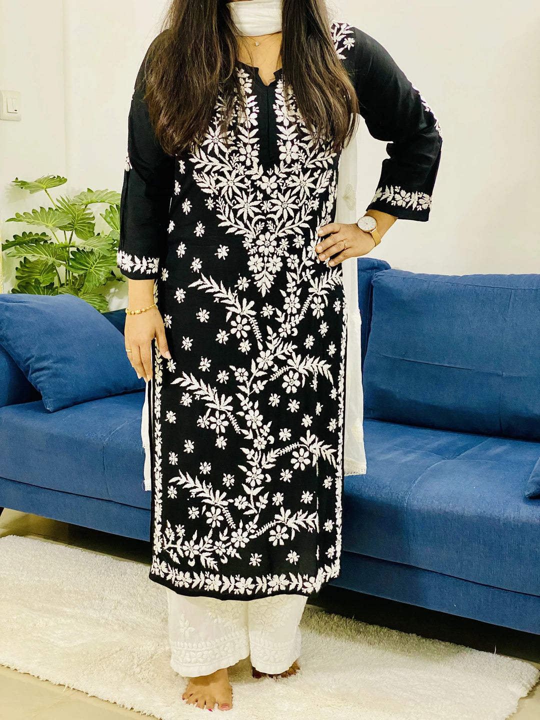 Black Cross Premium Modal Chikankari Solid Women's Long Kurta