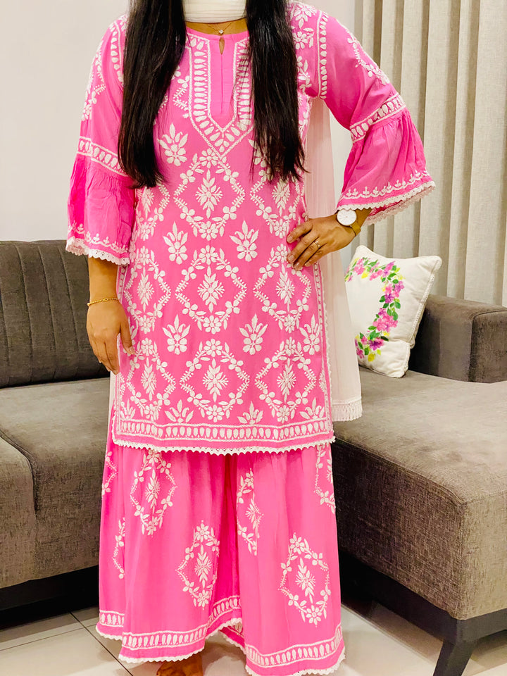 Pink Navya Rayon Chikankari Hand Embroidered Designer Women's Gharara Set