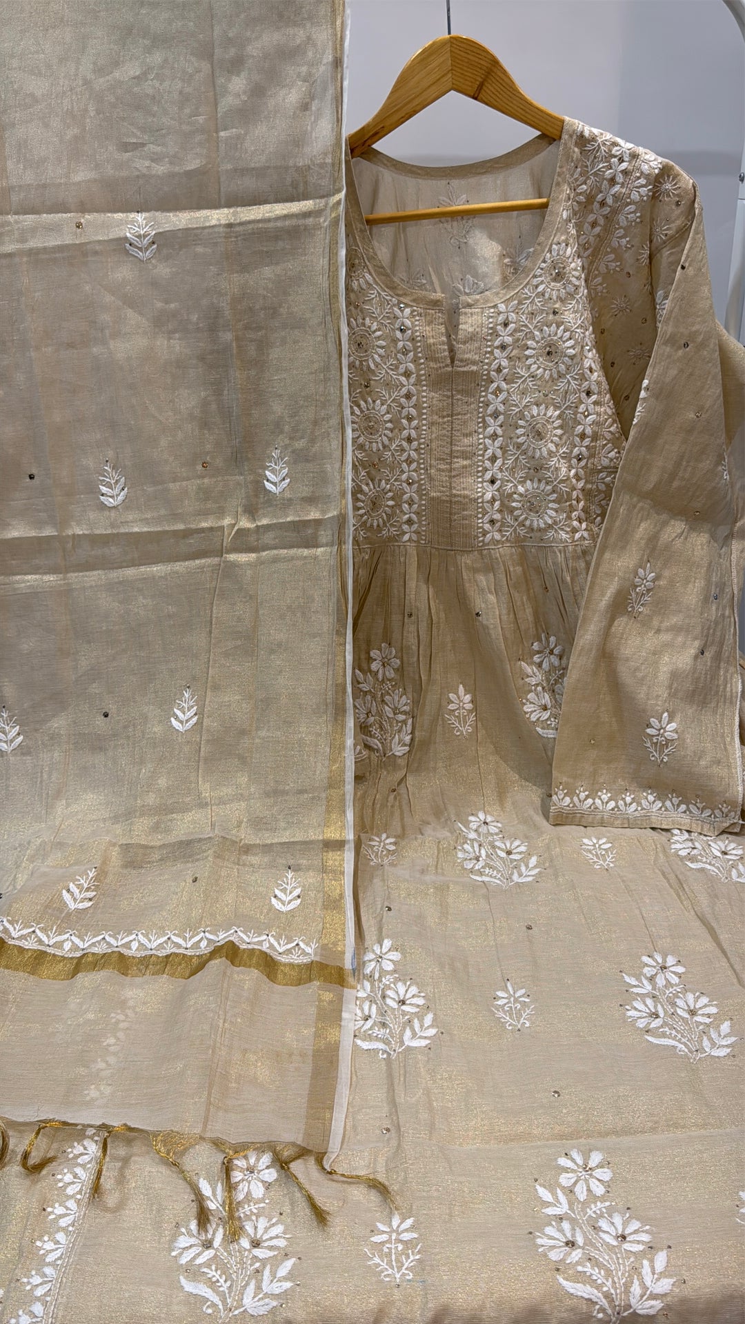 Beige Kohinoor Mul-Chanderi Chikankari Hand Embroidered Women's Anarkali Kurta Set