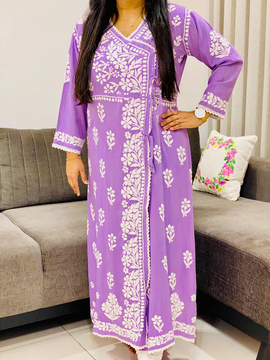 Lavender Tripti Rayon Chikankari Handwork Solid Women's Angrakha Kurta