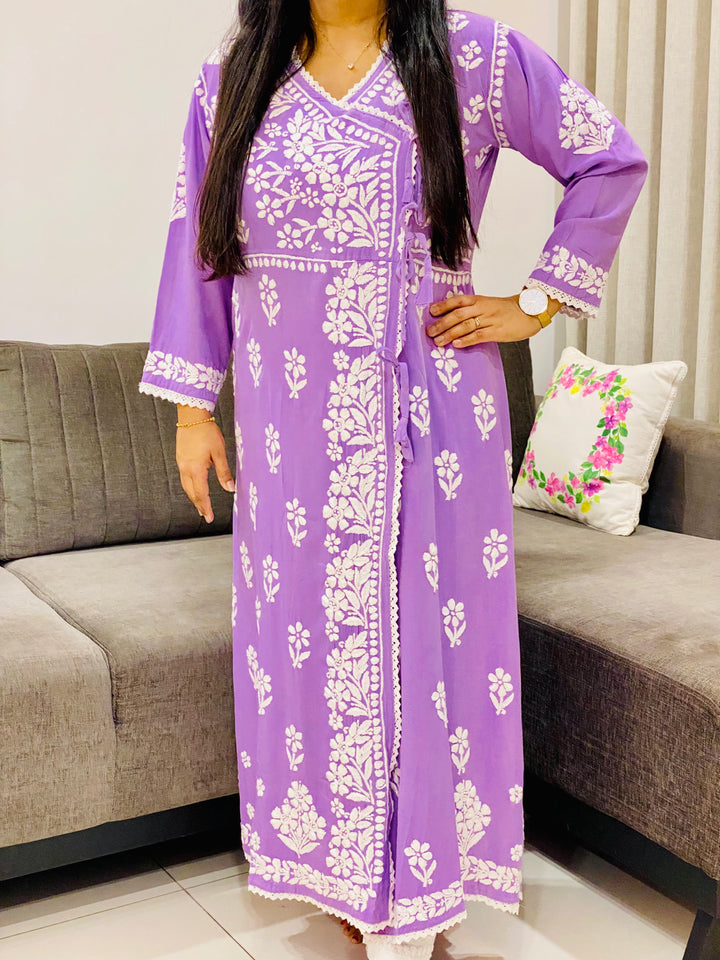 Lavender Tripti Rayon Chikankari Handwork Solid Women's Angrakha Kurta