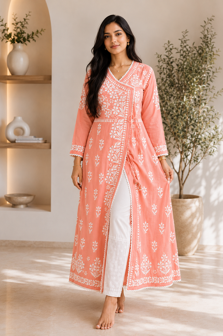 Tripti Rayon Chikankari Handwork Solid Women's Angrakha Kurta - Peach