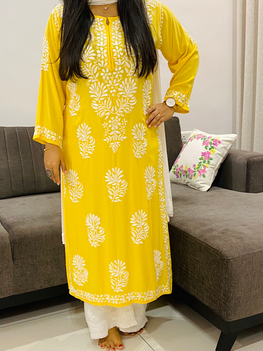 Yellow Kaira Modal Chikankari Hand Embroidered Women's Long Kurta