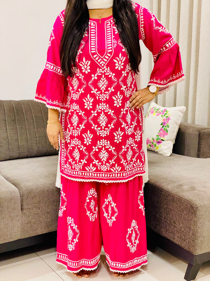 Magenta Navya Rayon Chikankari Hand Embroidered Designer Women's Gharara Set
