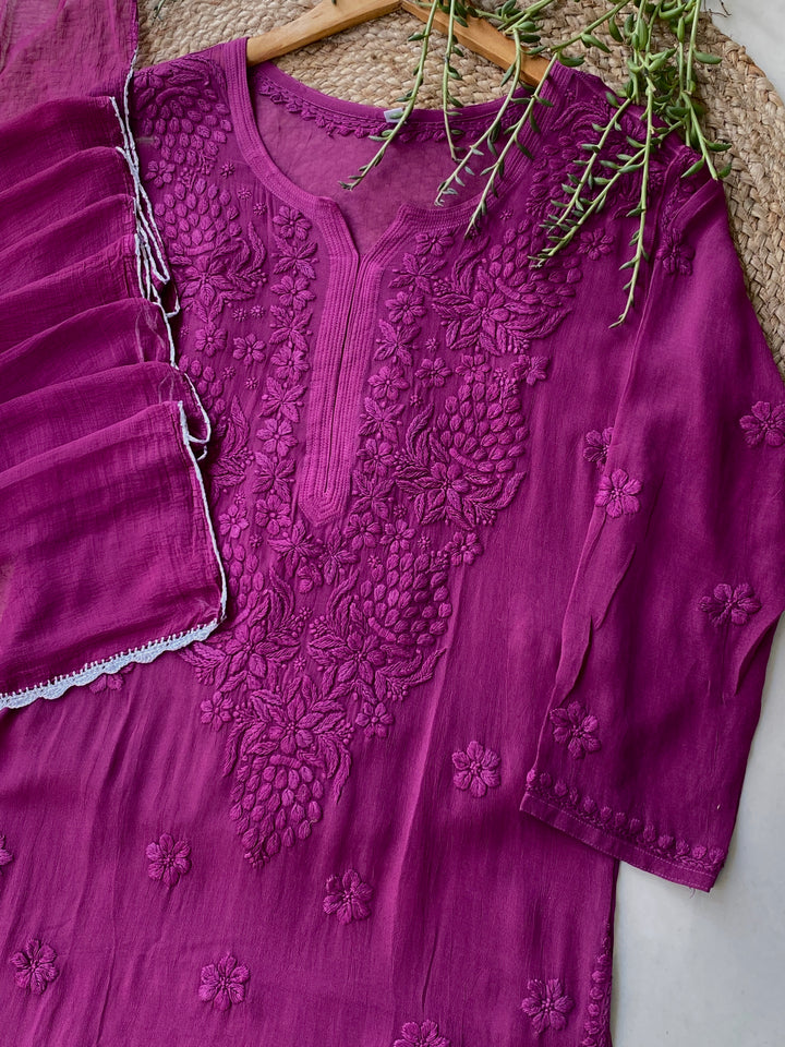 Mauve Zoya Viscose Chikankari Kurta with Dupatta