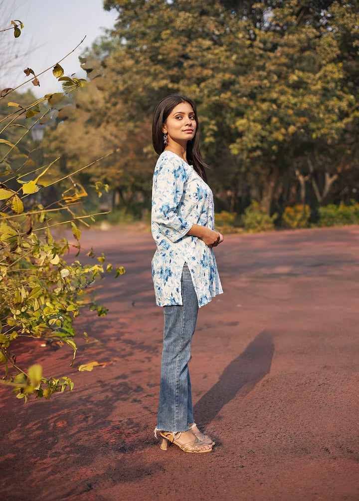 Blue Kannika Mulmul Printed Short kurti