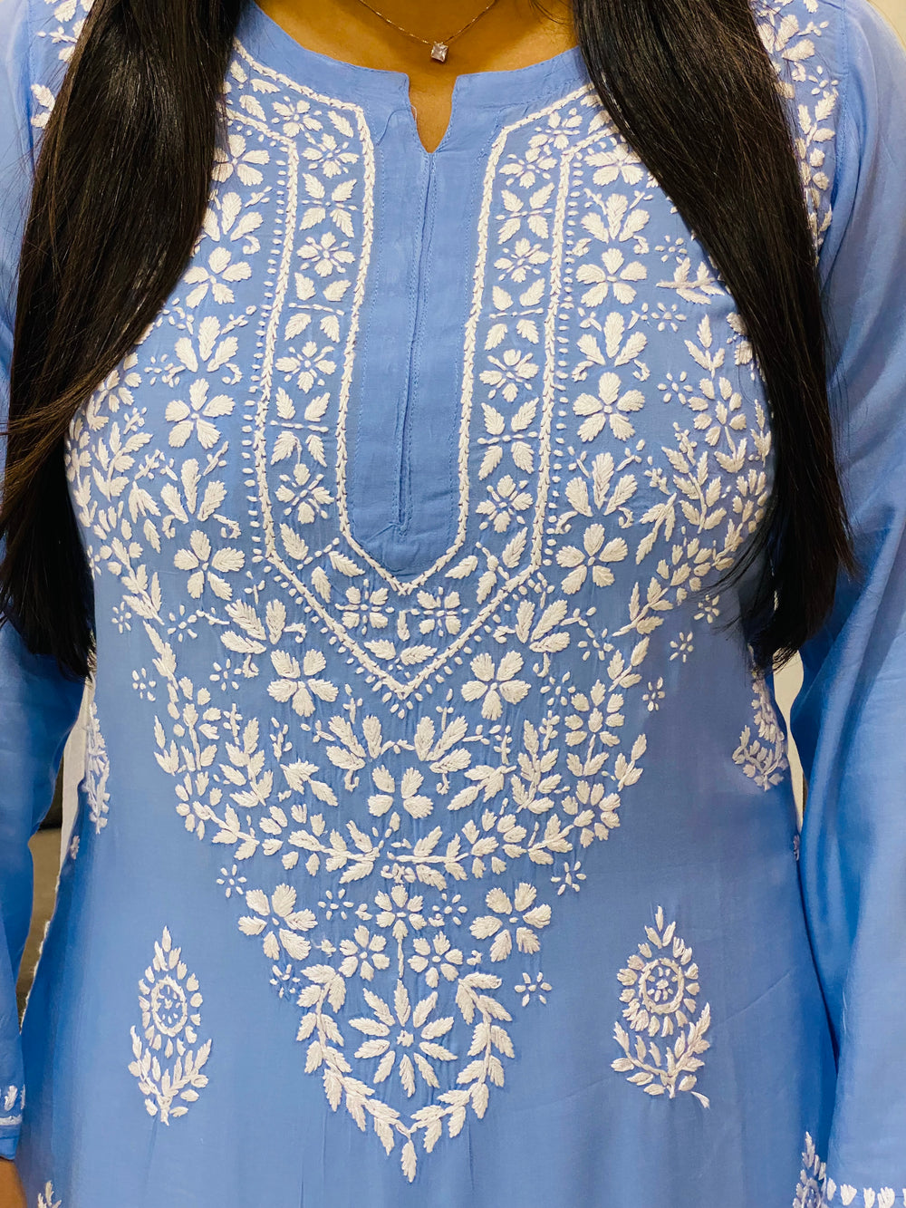Powder Blue Niya Premium Modal Chikankari Solid Women's Long Kurta
