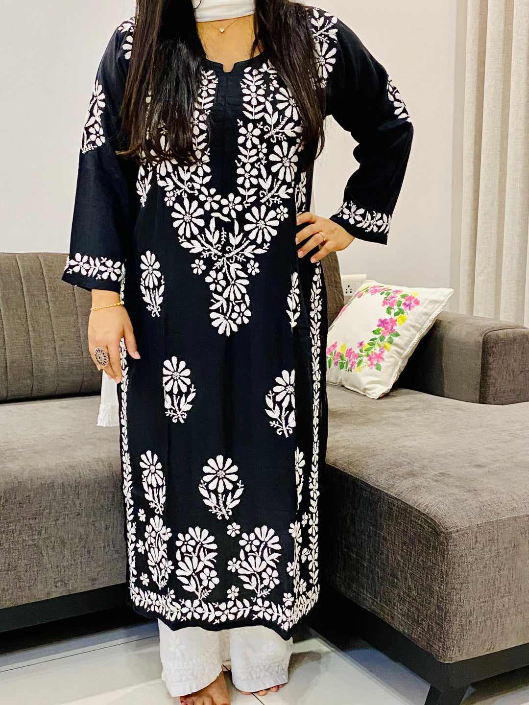 Black Azar Premium Modal Chikankari Women's Solid Long Kurta