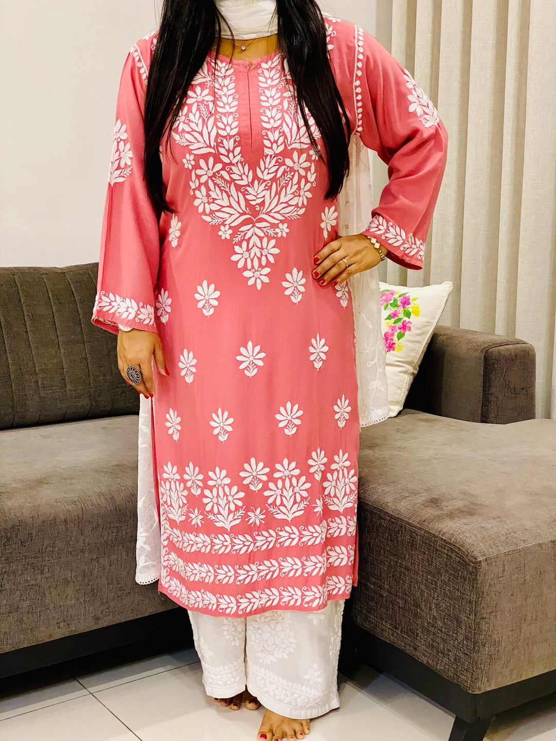 Onion Pink Natasha Premium Modal Chikankari Women's Solid Kurti