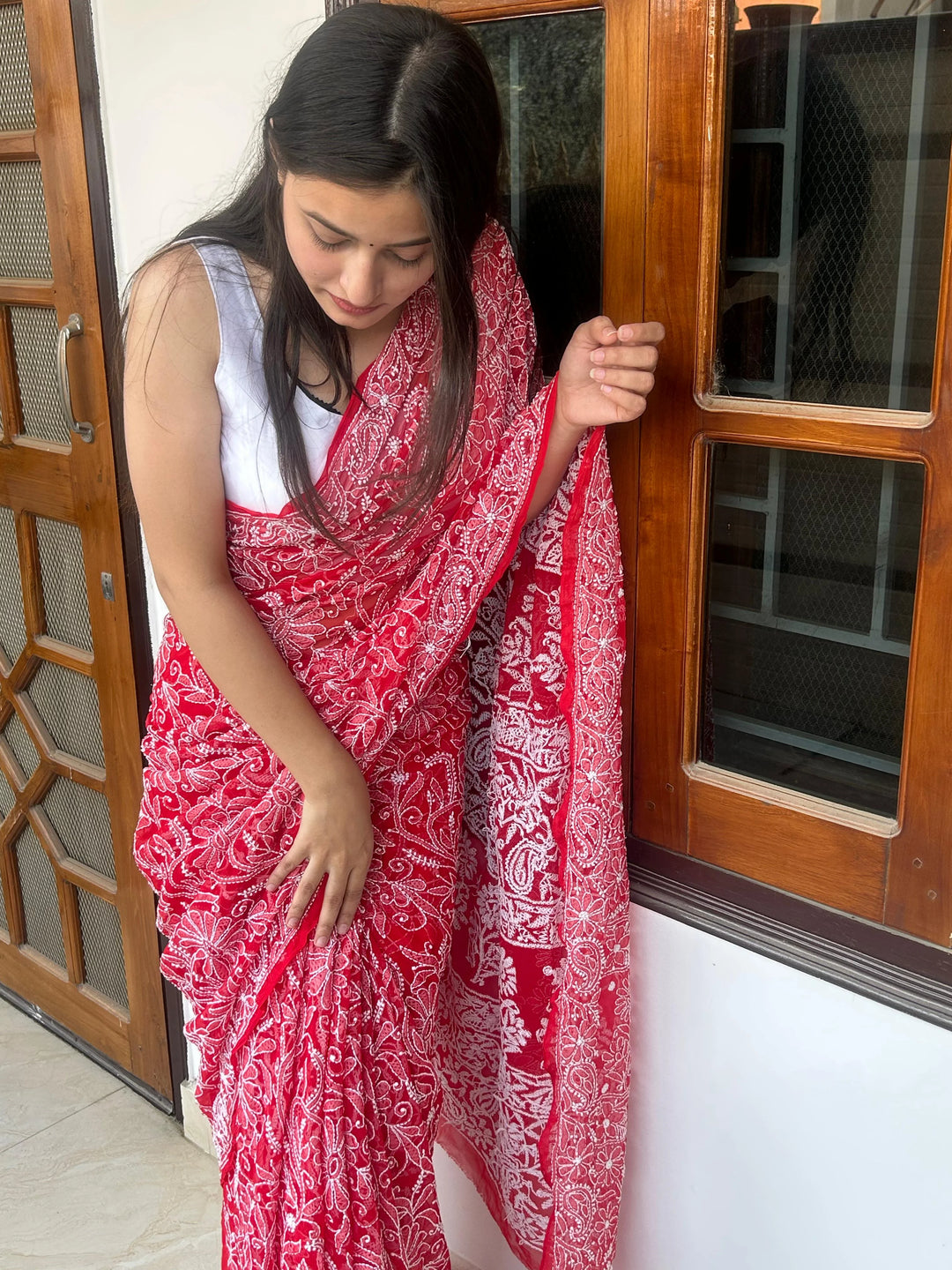 Red Kamal Full Jaal Saree