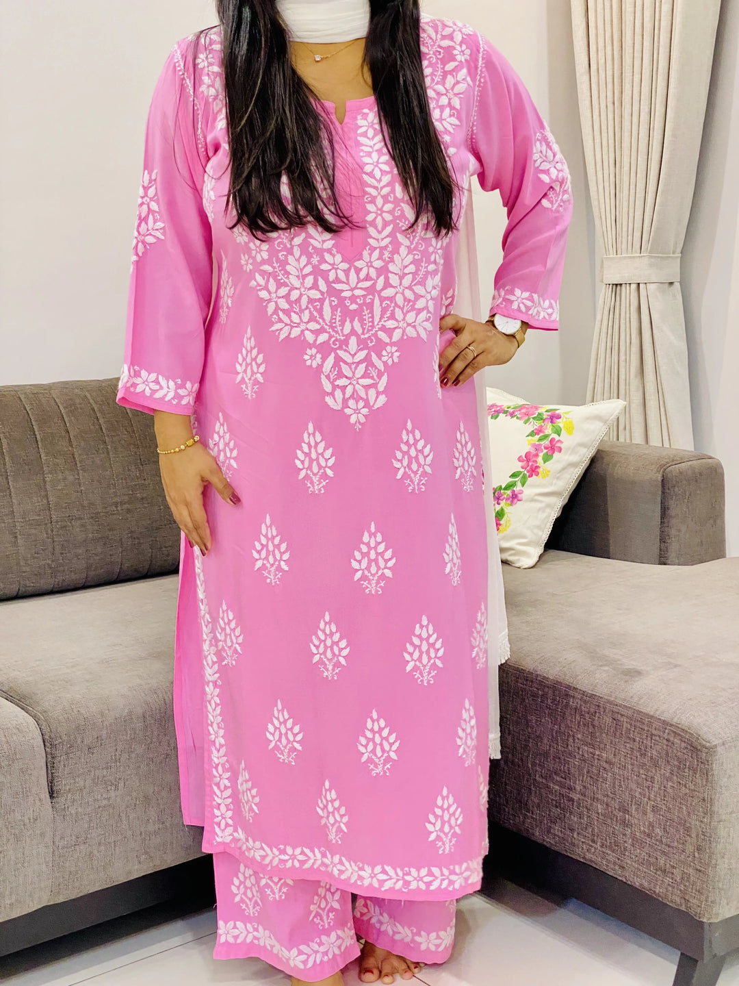 Pink Ritika Rayon Chikankari Solid Women's Long Kurta Palazzo Set