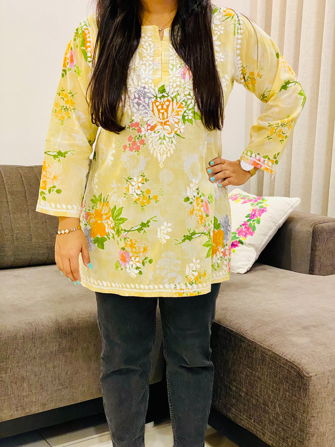 Beige Nisha Mulmul Chikankari Hand Embroidered Women's Floral Short kurta