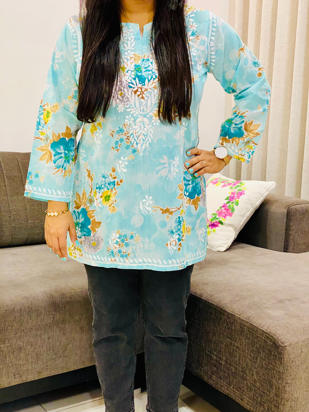 Mint Blue Nisha Mulmul Chikankari Hand Embroidered Women's Floral Short kurta