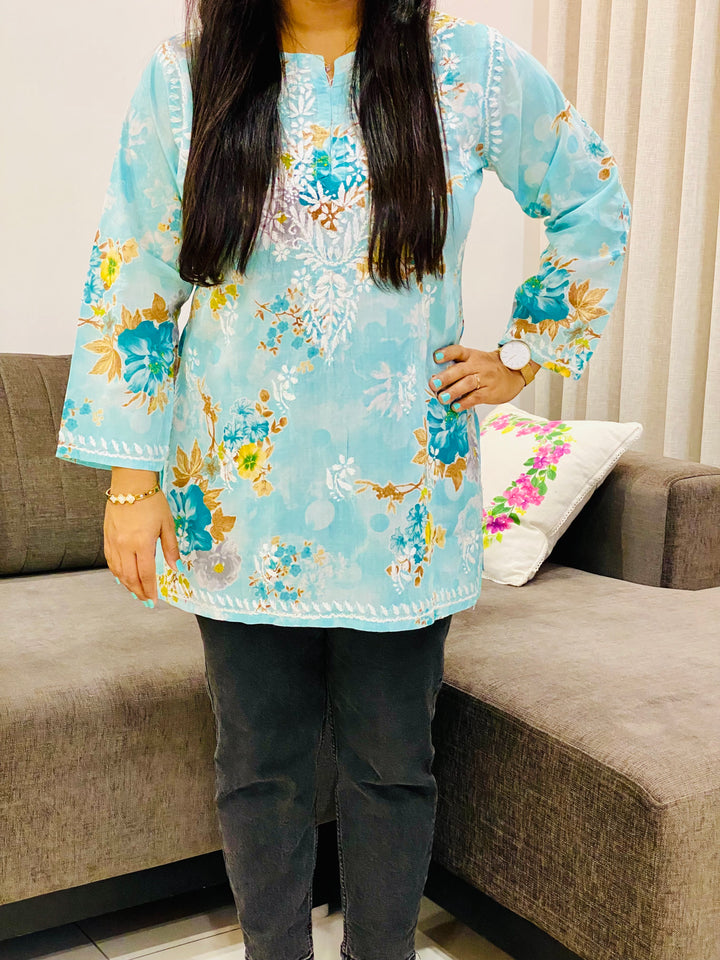 Mint Blue Nisha Mulmul Chikankari Hand Embroidered Women's Floral Short kurta
