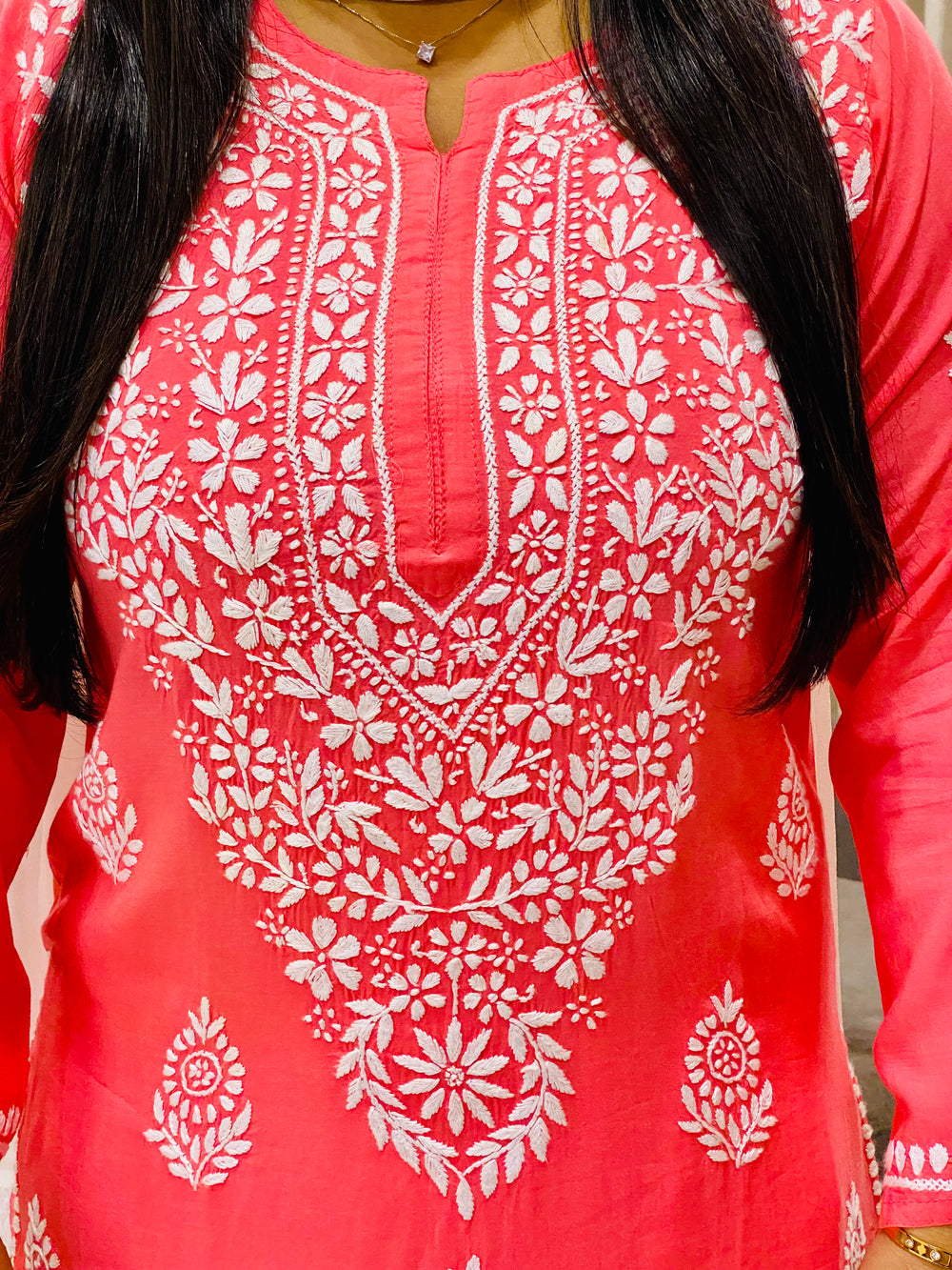 Peach Niya Premium Modal Chikankari Solid Women's Long Kurta