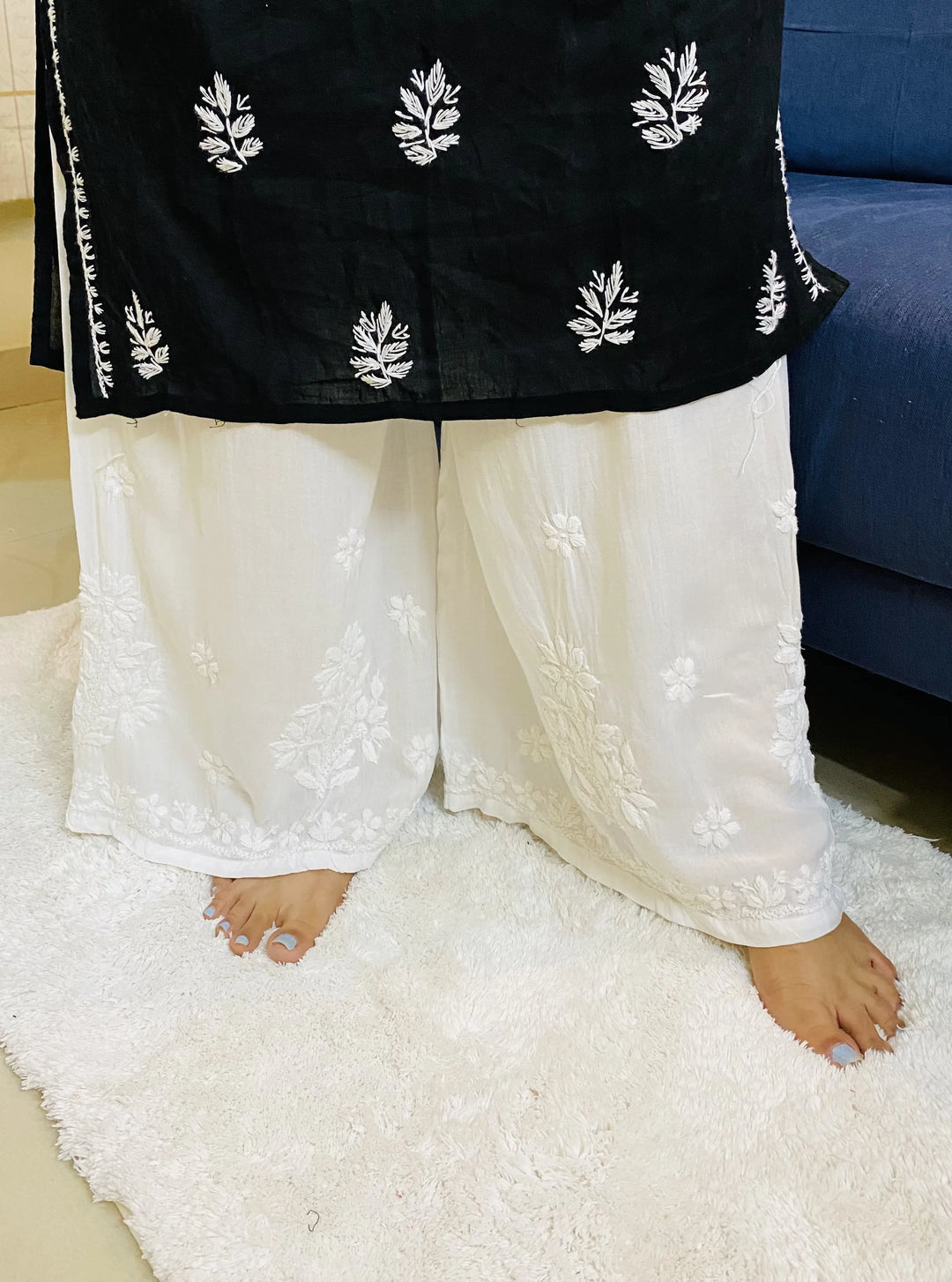 White Flower Modal Chikankari Palazzo for Women