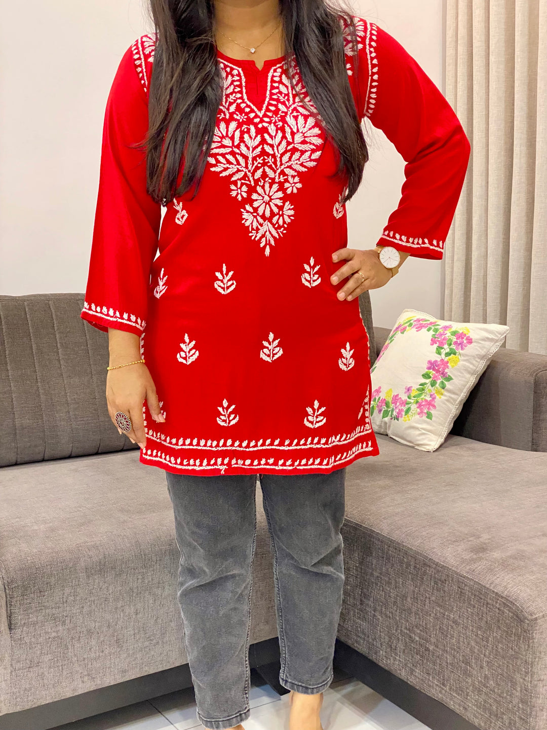 Red Anisha Rayon Chikankari Handwork Women's Solid Short Kurta