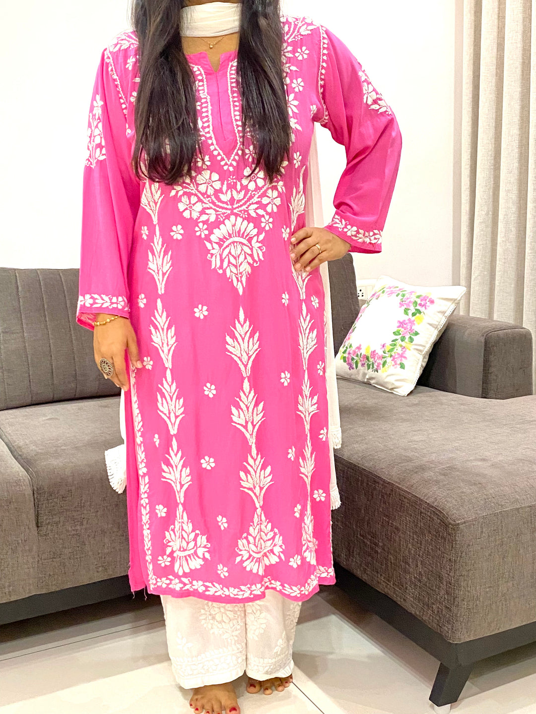 Pink Zareen Premium Modal Chikankari Solid Women's Long Kurta