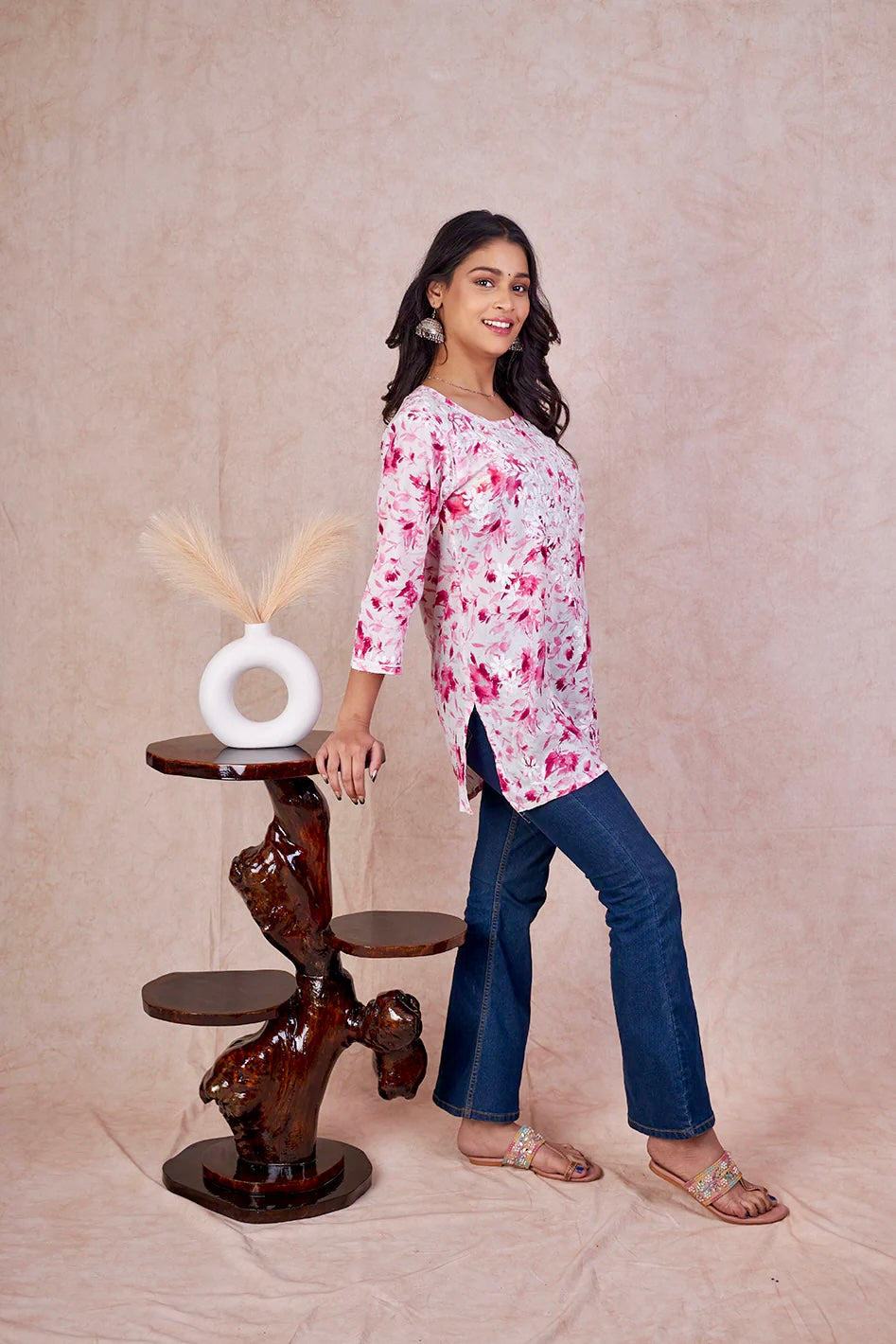 Pink Kannika Mulmul Printed Short kurti