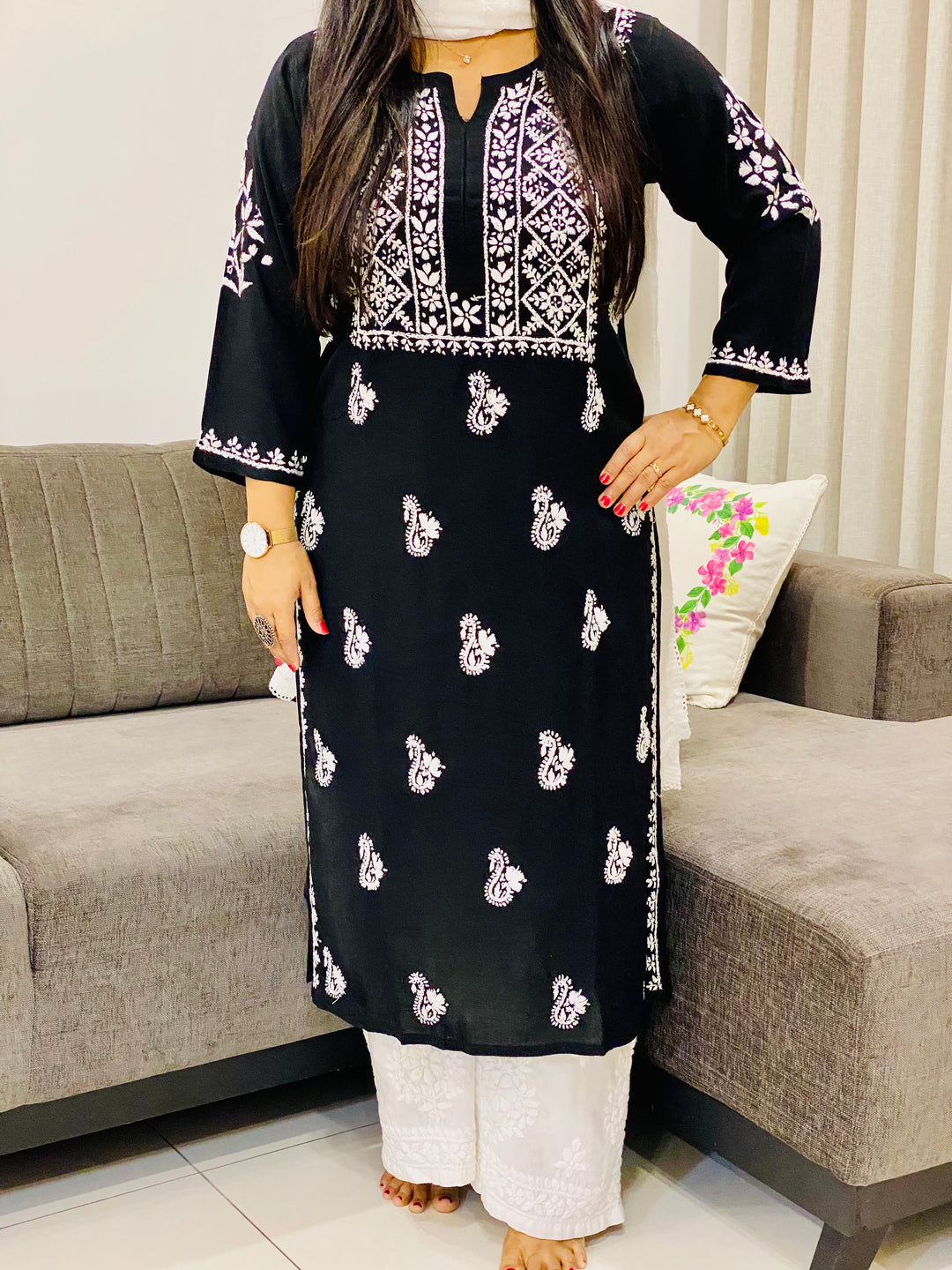 Black Nora Premium Modal Chikankari Solid Women's Kurta
