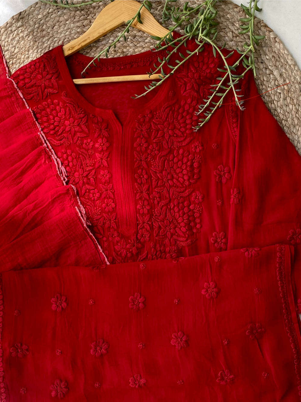 Red Zoya Viscose Chikankari Kurta with Dupatta
