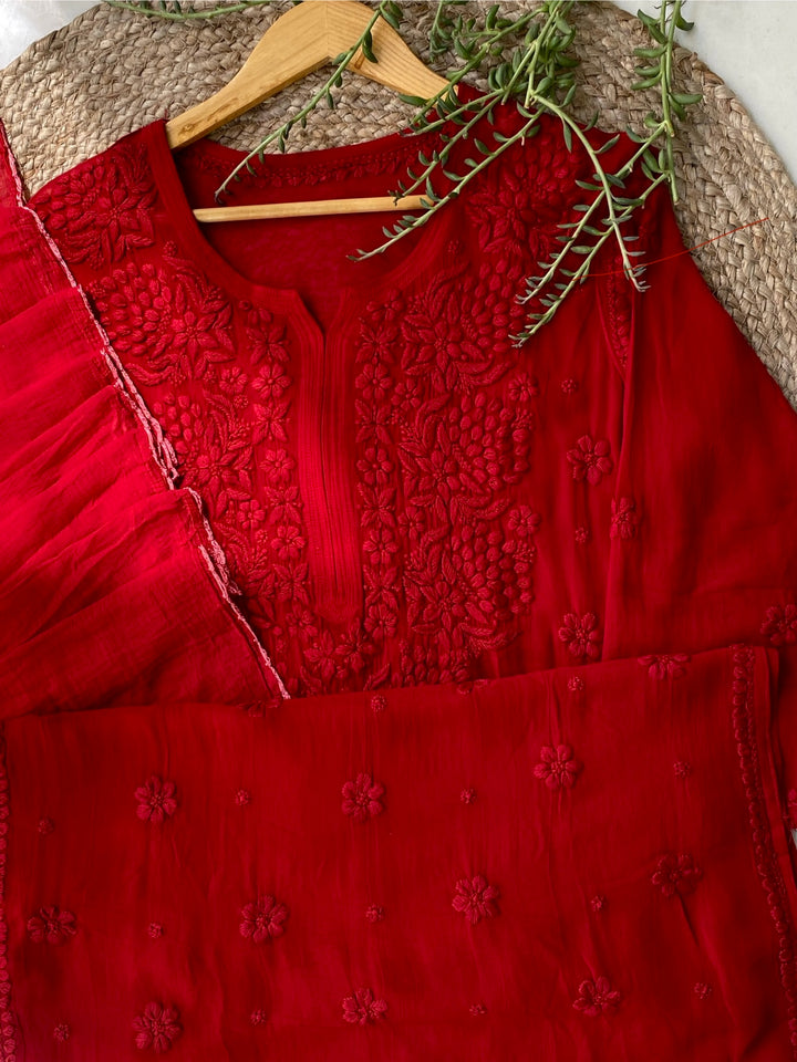 Red Zoya Viscose Chikankari Kurta with Dupatta