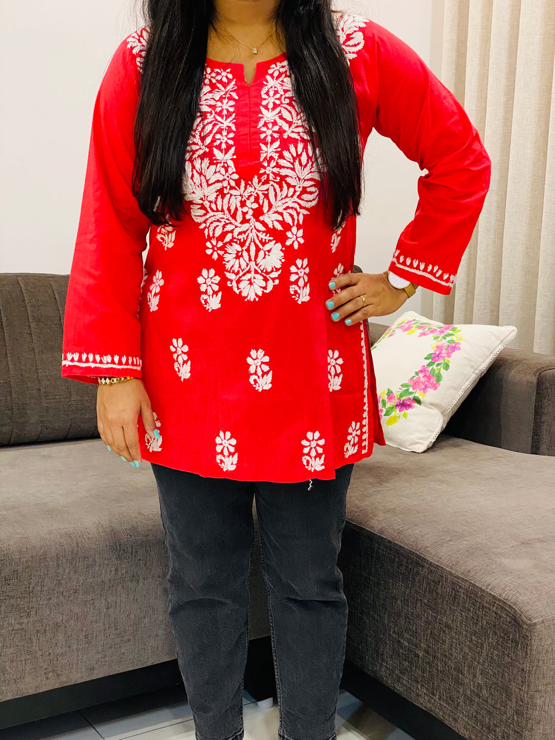 Tomato Pink Sitara Cotton Chikankari Hand embroidered Women's Short Kurta