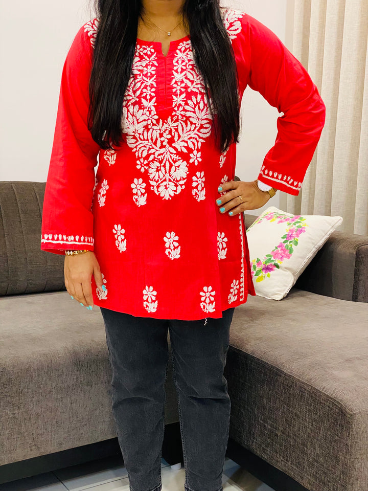 Tomato Pink Sitara Cotton Chikankari Hand embroidered Women's Short Kurta