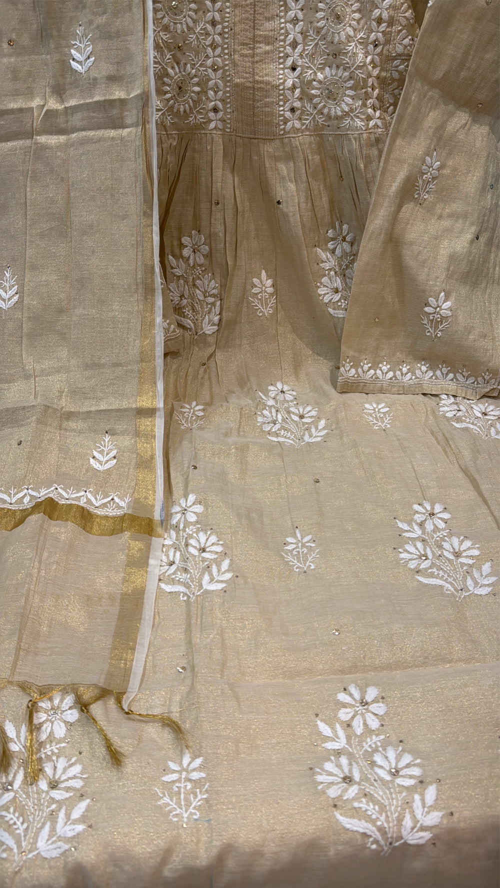Beige Kohinoor Mul-Chanderi Chikankari Hand Embroidered Women's Anarkali Kurta Set