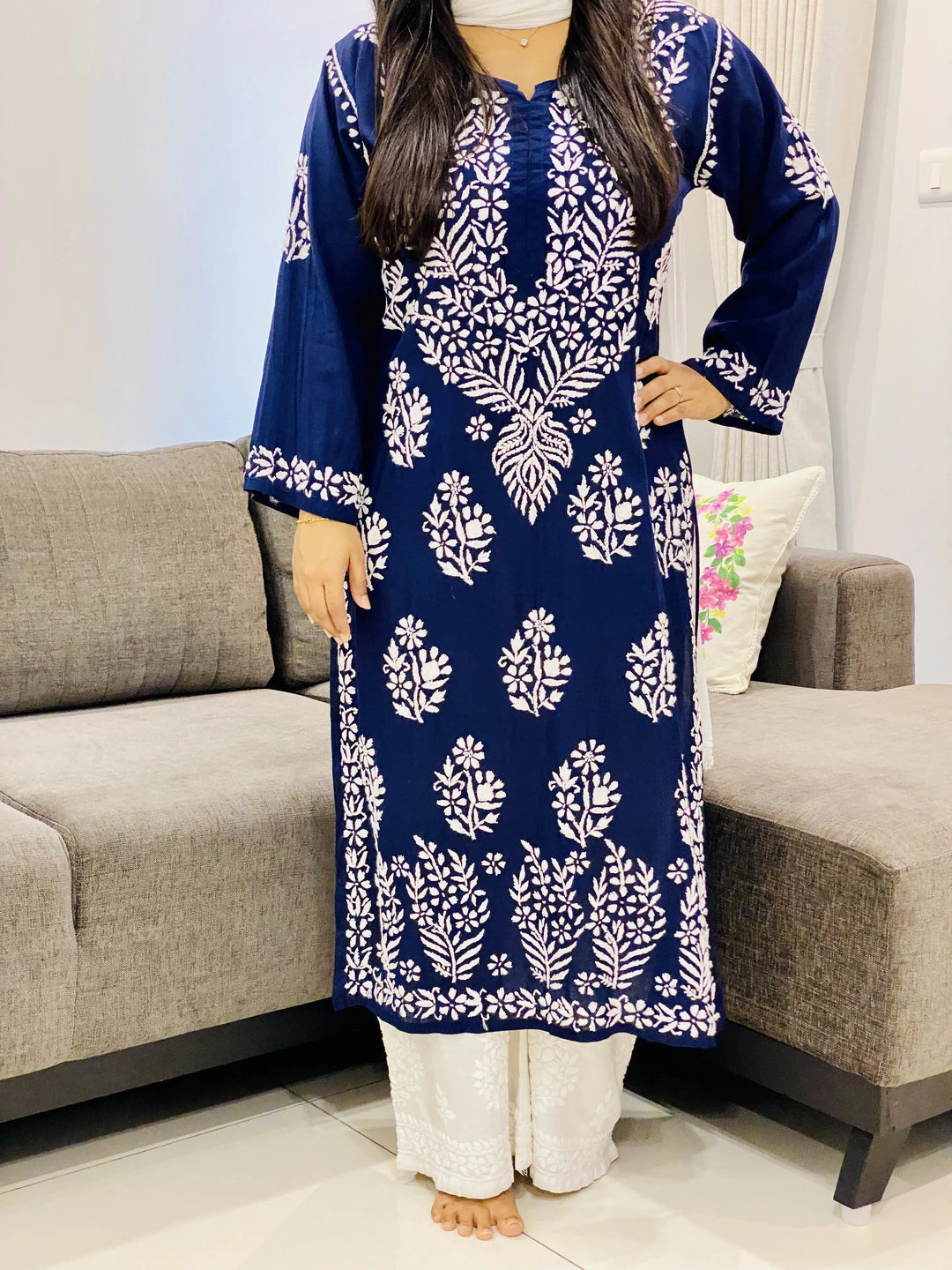 Navy Blue Riya Modal Chikankari Handwork Women's Straight Long Kurta