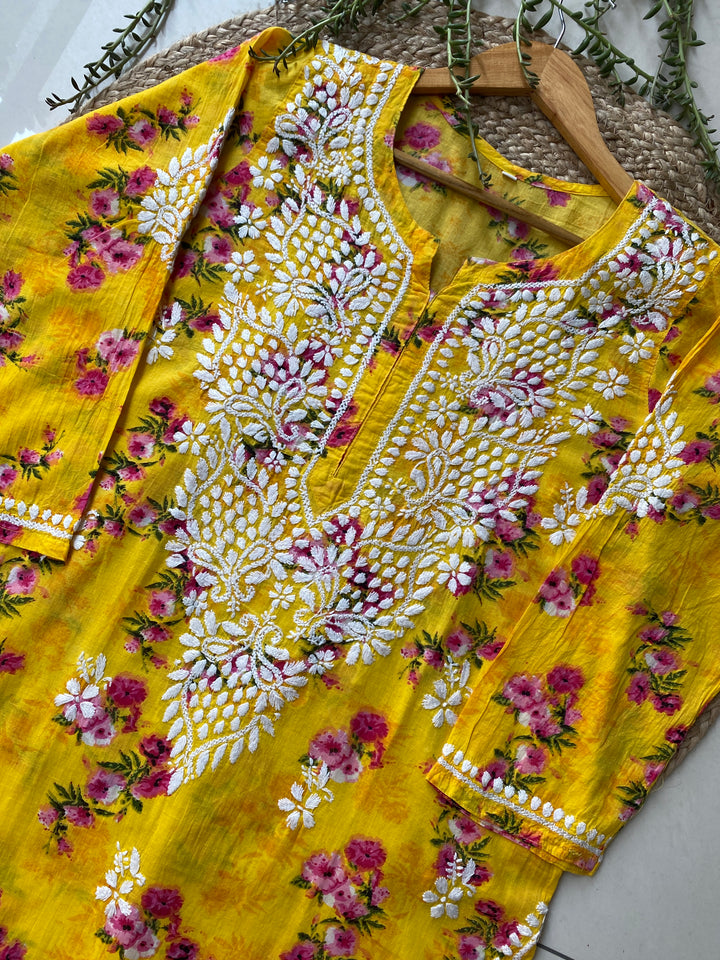 Dvita Mulmul Chikankari Floral Women's Long Kurta - Yellow