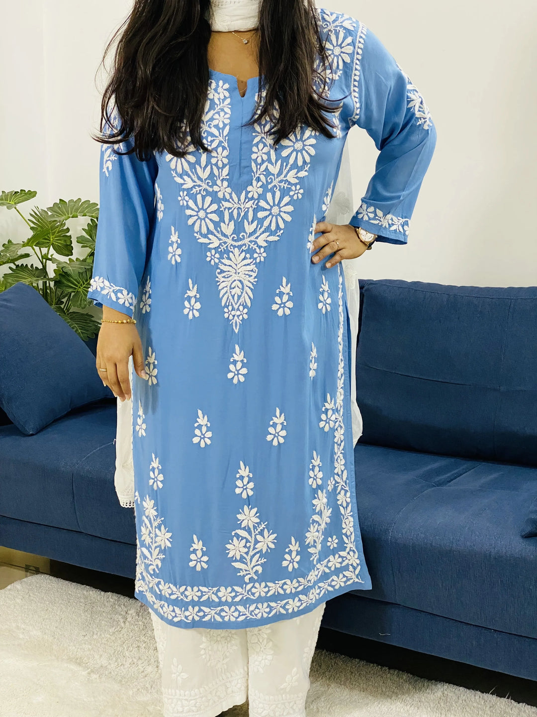 Powder Blue Nirmal Premium Modal Chikankari Solid Women's Long Kurta